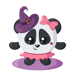 Funny cute kawaii Halloween panda bear with witch hat in flat design with shadows. Isolated animal vector illustration 