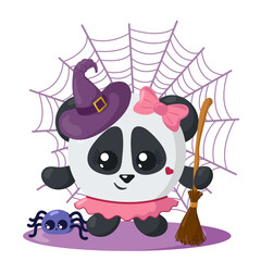 Funny cute kawaii Halloween panda bear with witch hat, spider web, broom and spider in flat design with shadows. Isolated animal vector illustration	
