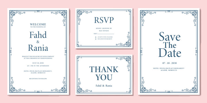 Modern Wedding Invitation Card Template with Blue Frames