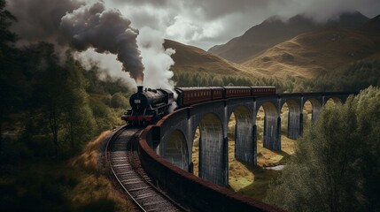 Steam train on bridge