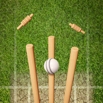 White cricket ball hitting wicket stumps knocking bails out against blue sky background. Bails fly from cricket stumps as ball hits on grass field. A red cricket ball striking stump. 3D Rendering