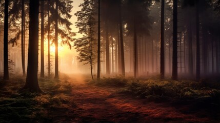 The mystical aura of a misty forest at dawn. The early morning fog intertwines with the treetops, creating an ethereal landscape.