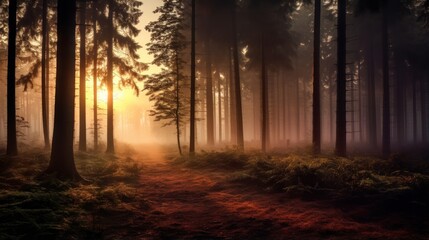 Fototapeta premium The mystical aura of a misty forest at dawn. The early morning fog intertwines with the treetops, creating an ethereal landscape.