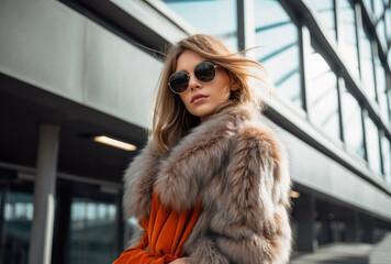 Confident young woman in sunglasses and a winter coat