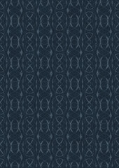 Hand-drawn unique abstract symmetrical seamless ornament. Light blue on a deep blue background. Paper texture. Digital artwork, A4. (pattern: p10-4f)