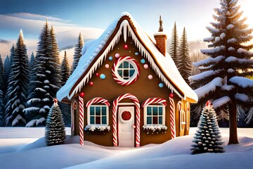 Fototapeta premium A gingerbread house adorned with candy canes, gumdrops, and icing, standing in a snowy yard