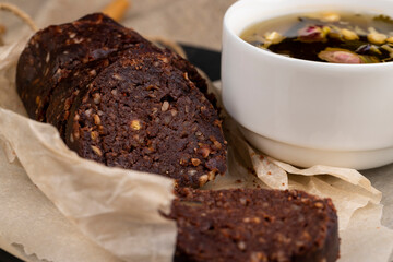 chocolate mass made from butter with the addition of cocoa and peanuts with cookies