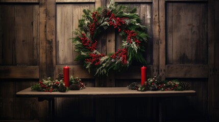 Fototapeta na wymiar Christmas Farmhouse Wreath Decoration on wooden wall, door. Farmhouse Style Home Welcome Wreath for Happy Holidays