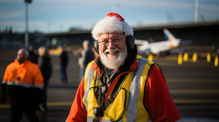 Generative AI, cheerful Santa Claus smiling against the background of a large passenger plane on the runway at the airport, new year, birth, holiday travel, air transport, fairy-tale character, winter - obrazy, fototapety, plakaty