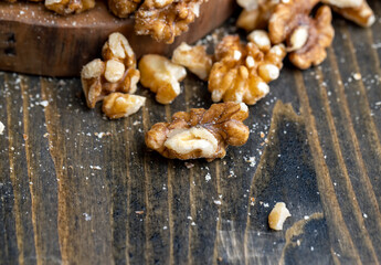 Walnut kernel on the kitchen table during cooking