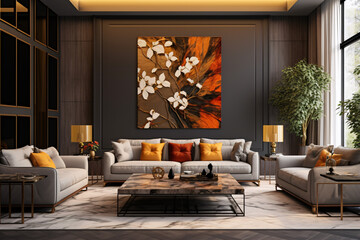 Traditional interior design for a modern living room featuring an elegant sofa, artwork, table, and stylish decor