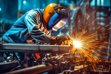 Industrial welder worker is welding in factory close-up