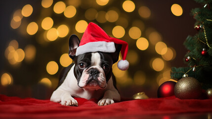 Boston Terrierdog on christmas day wearing a christmas hat sat next to a christmas tree - obrazy, fototapety, plakaty