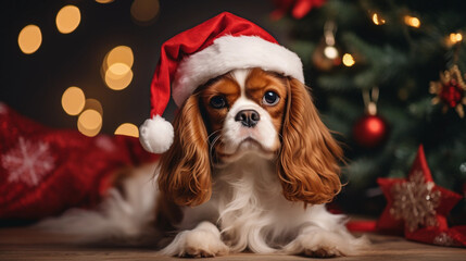Cavalier King Charles Spaniel dog on christmas day wearing a christmas hat sat next to a christmas tree