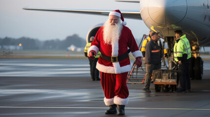 Generative AI, cheerful Santa Claus smiling against the background of a large passenger plane on the runway at the airport, new year, birth, holiday travel, air transport, fairy-tale character, winter - obrazy, fototapety, plakaty