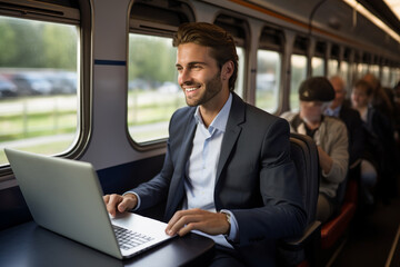 businessman working on laptop on the train
