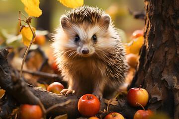 Young hedgehog with apples in autumn garden - obrazy, fototapety, plakaty