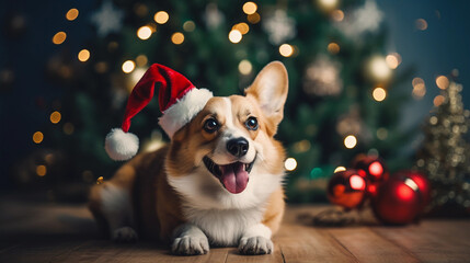 Corgi dog on christmas day wearing a christmas hat sat next to a christmas tree