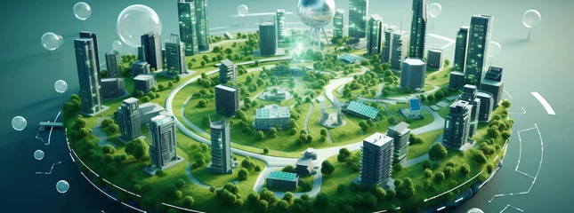 Foto op Aluminium Green community with Digital smart city infrastructure and rapid data network. Digital city, smart society, minitiature homes and futuristic smart homes © Artofinnovation