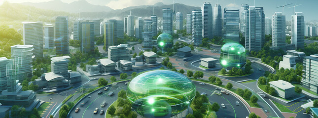 Green community with Digital smart city infrastructure and rapid data network. Digital city, smart society, minitiature homes and futuristic smart homes - obrazy, fototapety, plakaty
