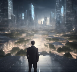 business man on future network city. Business technology concept, professional businessman walking through the future city and futuristic interface graphics at night. generative AI