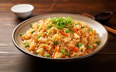 Chahan is the name for Japanese fried rice dishes consisting of cooked rice that is stir-fried with eggs, sauces, and vegetables such as peas, green onions, and carrots