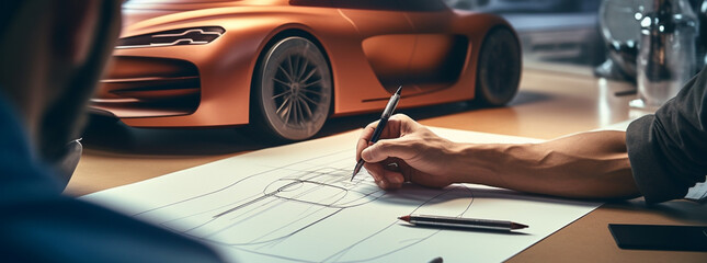 Car designer engineer or architect drawing on drawing board a design of futuristic car prototype - obrazy, fototapety, plakaty