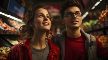 Obraz premium A young husband and wife carefully select groceries together in the store.