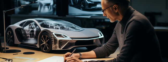 Car designer engineer or architect drawing on drawing board a design of futuristic car prototype