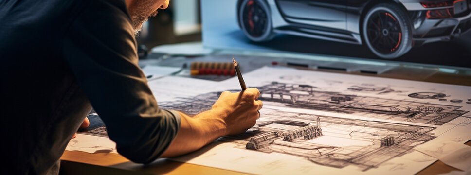 Car designer engineer or architect drawing on drawing board a design of futuristic car prototype