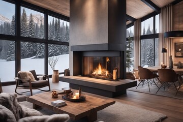 Cozy modern winter living room interior with a modern fireplace in a chalet. - obrazy, fototapety, plakaty