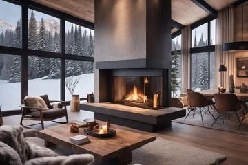 Poster Cozy modern winter living room interior with a modern fireplace in a chalet. © Adrian