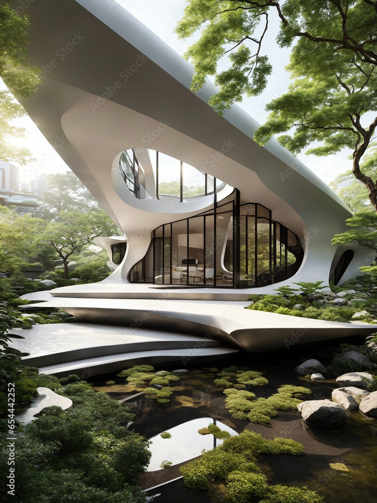 Poster a sleek and sharp metallic futuristic building in a lush green valley - ai generative