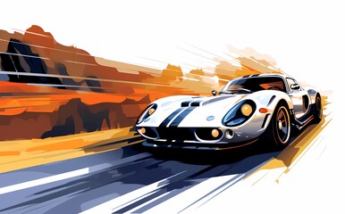 white and black cartoon vector of sports car driving, modern dynamic composition