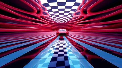 dynamic duel: vibrant checkerboard racetrack, futuristic design in bold red and blue