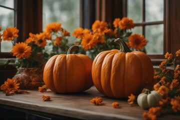 Halloween mystical background of a pumpkins with flowers close-up photography. Generative AI