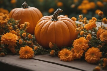 Naklejka na ściany i meble Halloween mystical background of a pumpkins with flowers close-up photography. Generative AI