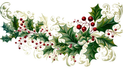christmas background- Holly leaves with vibrant red berries, a classic Christmas floral arrangement, png transparent background - obrazy, fototapety, plakaty