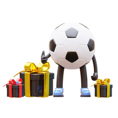 3D soccer ball character with gifts around it