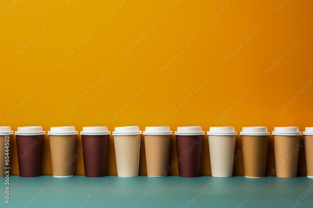 Aufkleber artistic paper coffee cups lined up background with empty space for text