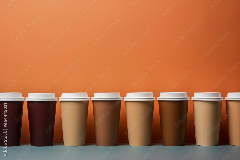 Aufkleber artistic paper coffee cups lined up background with empty space for text