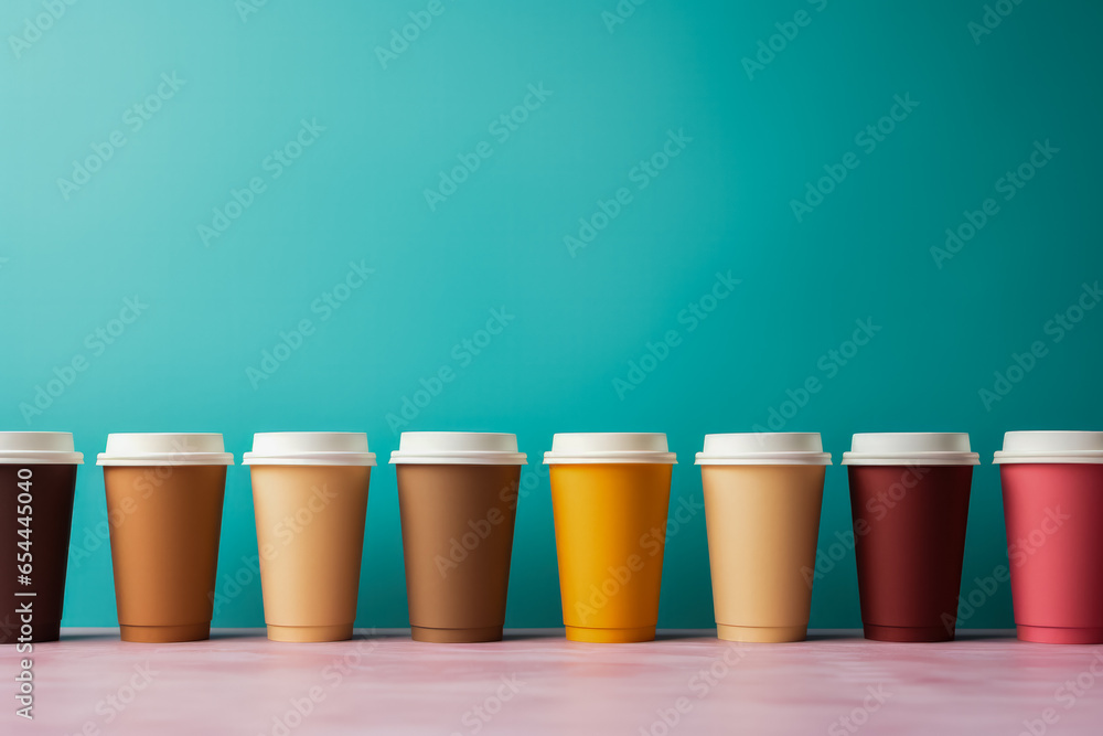 Aufkleber artistic paper coffee cups lined up background with empty space for text