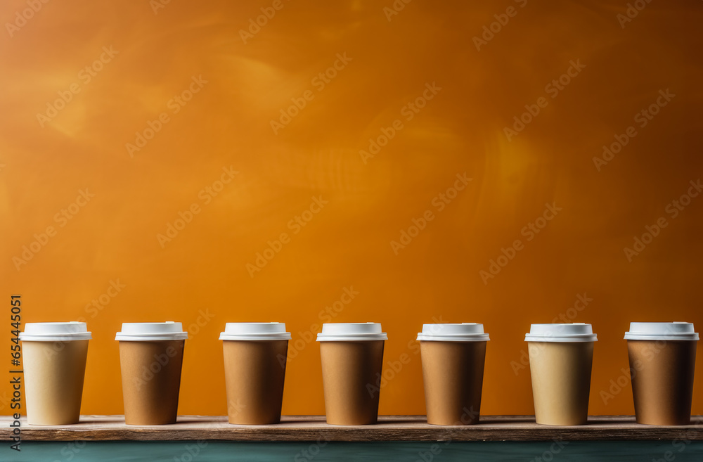 Aufkleber artistic paper coffee cups lined up background with empty space for text