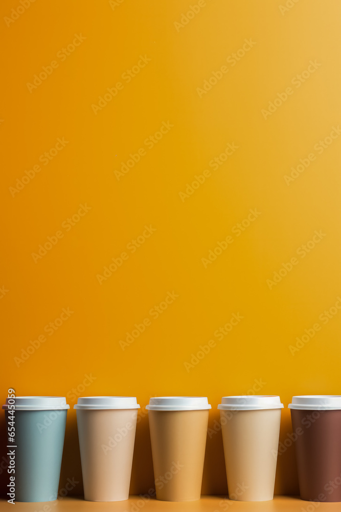 Poster artistic paper coffee cups lined up background with empty space for text