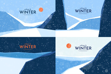 Vector illustration. Abstract landscape background. Blue, white color. Winter snowy season. Cold weather. Minimalist flay geometric wallpapers set. Design for website, web banner. Hills and mountains