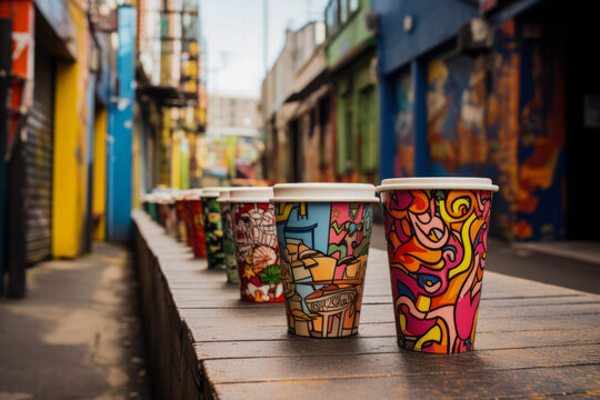 Barista-served takeaway coffee cups against graffiti-lined cityscape energizing urban life 