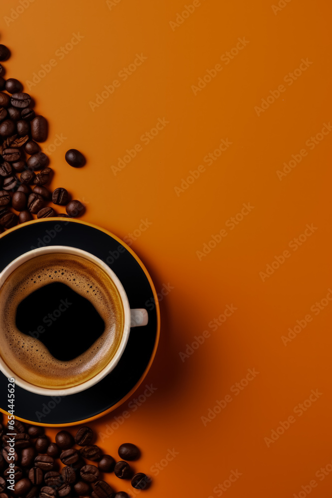 Poster creative flat lay of coffee accessories and cups background with empty space for text