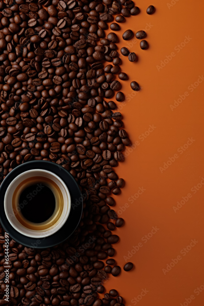 Poster creative flat lay of coffee accessories and cups background with empty space for text