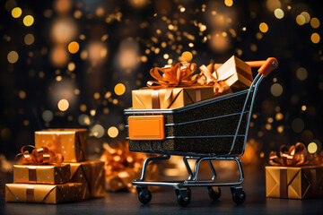 Black Friday shopping cart with gift boxes, Black Friday discounts, blurred background with bright lights - obrazy, fototapety, plakaty