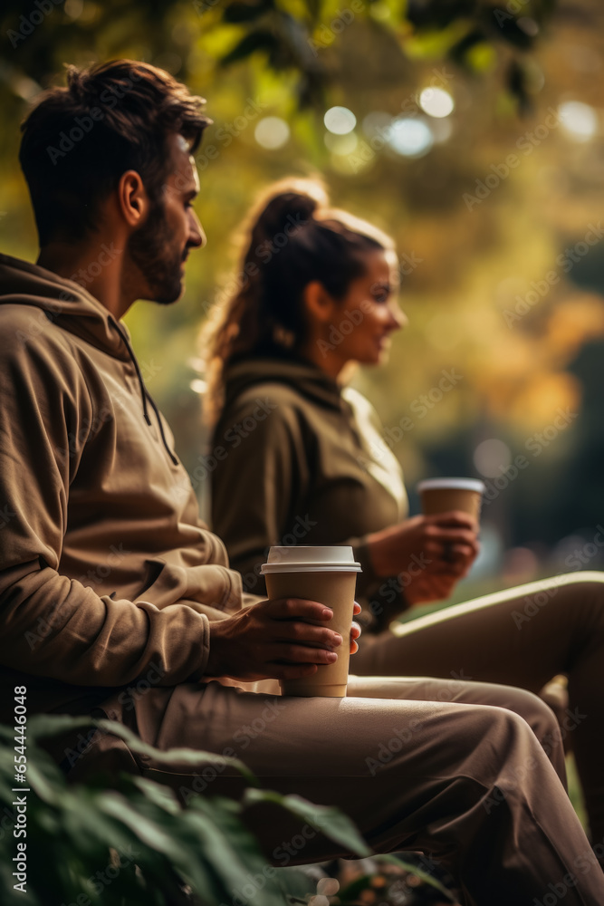 Poster joggers resting savoring takeaway coffee in park background with empty space for text